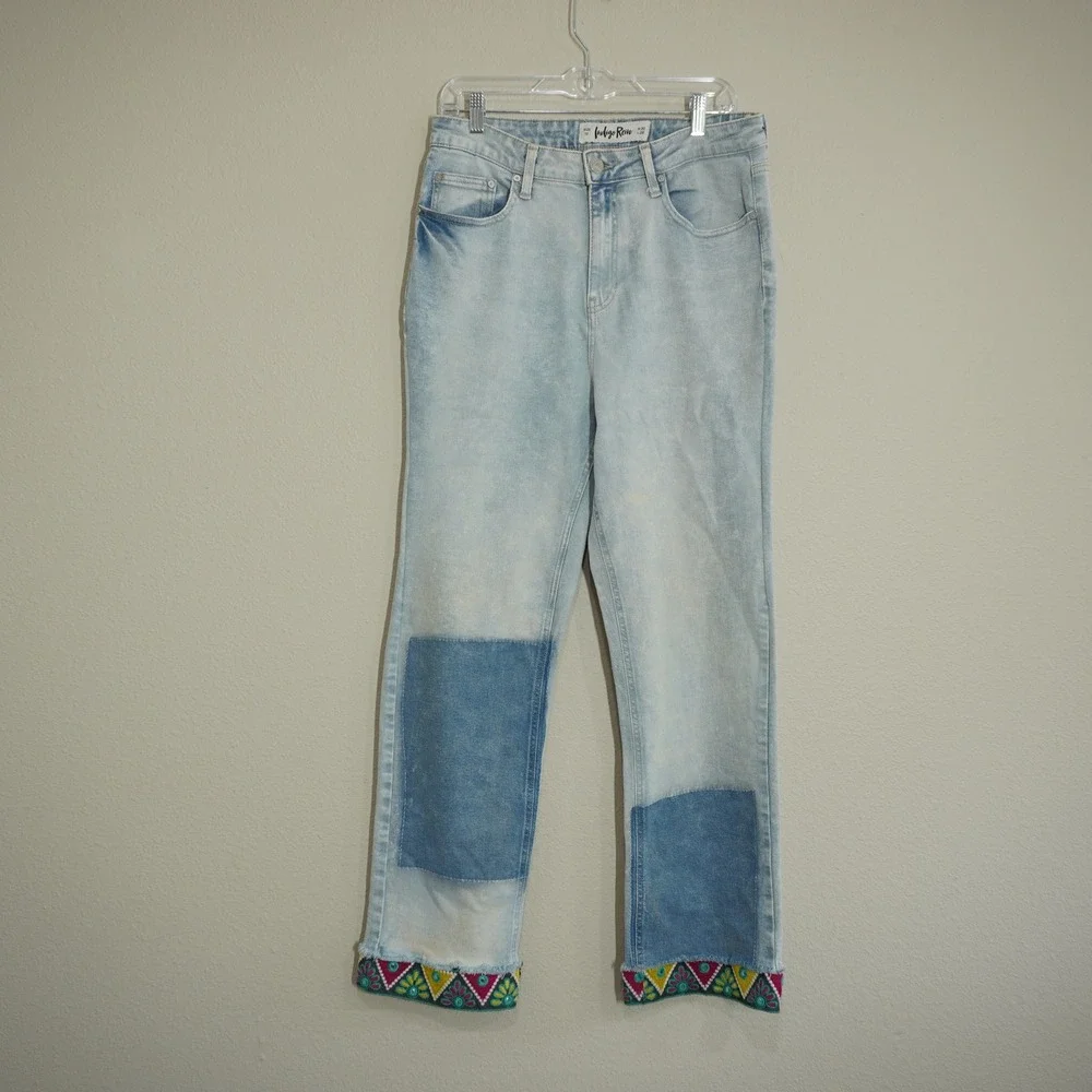 Indigo Rein Size 30 Straight Leg Jeans Light Wash Excellent Patchwork Boho Trim